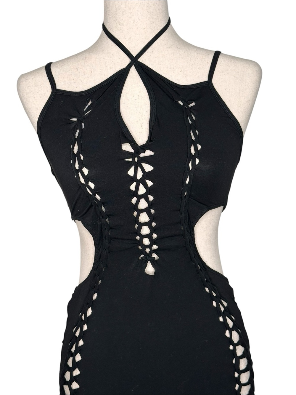 Dolls Kill Darker Waves Shredded Black Cutout Lace-up Bodycon Rave Mini Dress - Picture 5 of 15